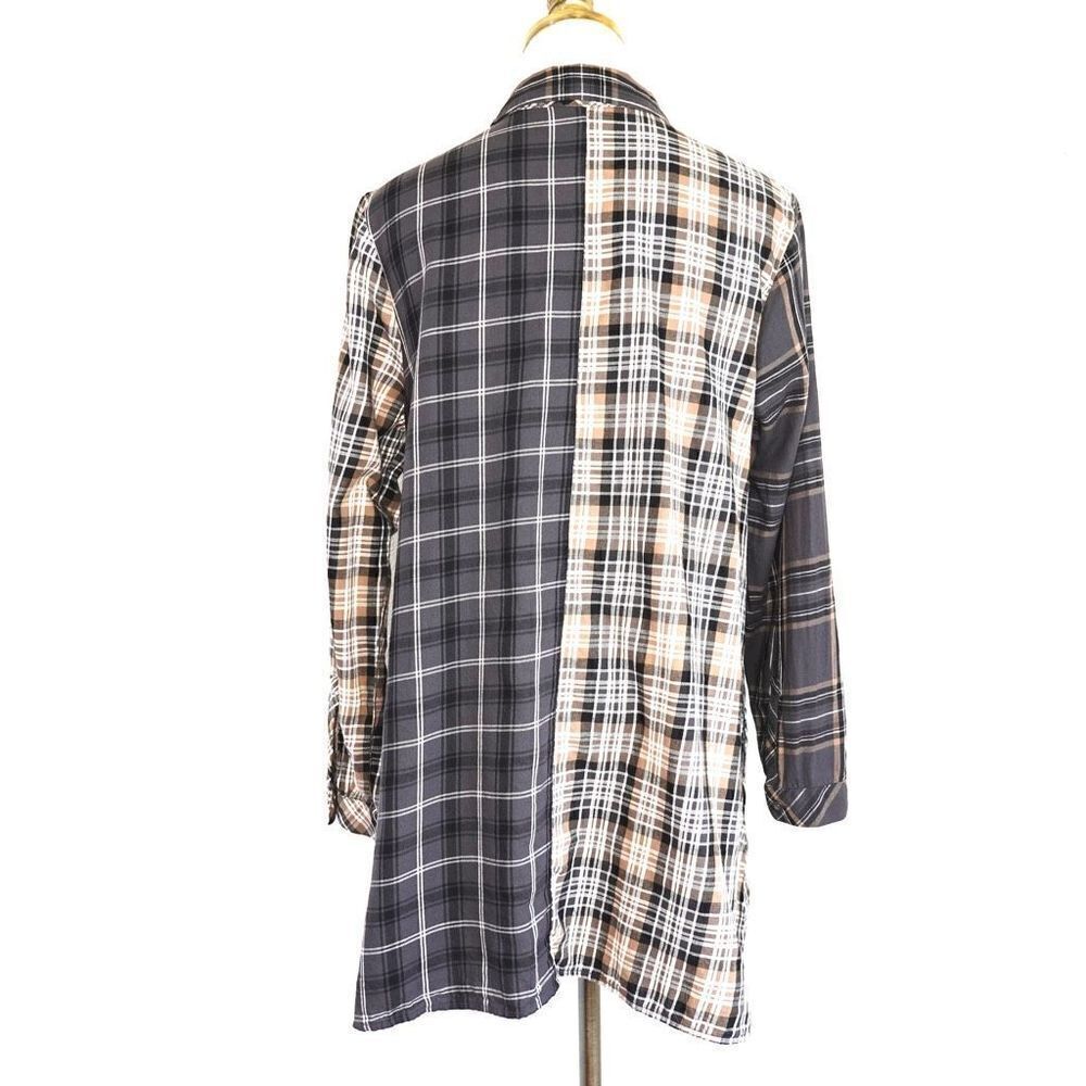 J.Jill Long Multi Plaid Button Down Blouse Tan Black White Size Medium Petite - Picture 4 of 14